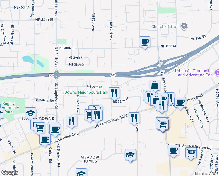 map of restaurants, bars, coffee shops, grocery stores, and more near 6123 Northeast 34th Street in Vancouver