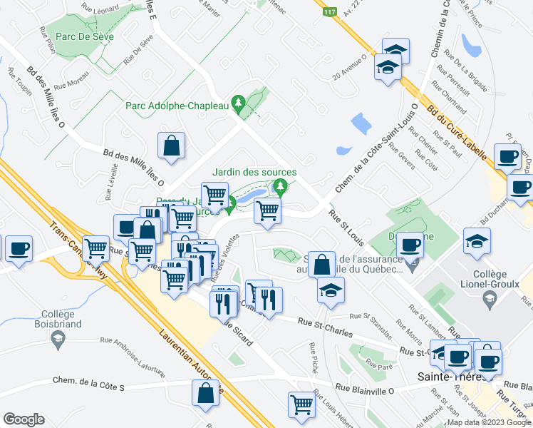 map of restaurants, bars, coffee shops, grocery stores, and more near 233 Chemin de la Côte Saint Louis Ouest in Sainte-Thérèse