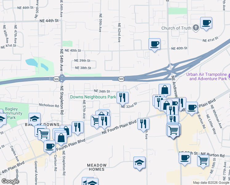 map of restaurants, bars, coffee shops, grocery stores, and more near 6003 Northeast 34th Street in Vancouver