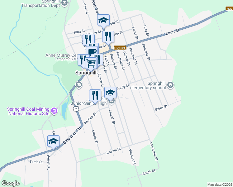 map of restaurants, bars, coffee shops, grocery stores, and more near 53 Elm Street in Springhill