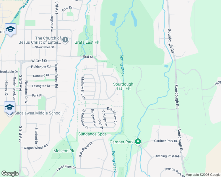 map of restaurants, bars, coffee shops, grocery stores, and more near 3643-3671 Graf Street in Bozeman