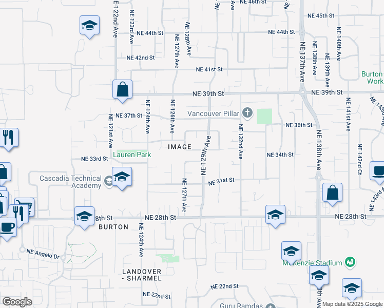 map of restaurants, bars, coffee shops, grocery stores, and more near 12806 Northeast 33rd Street in Vancouver