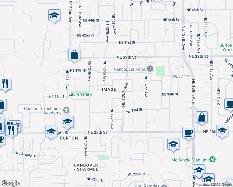 map of restaurants, bars, coffee shops, grocery stores, and more near 12806 Northeast 33rd Street in Vancouver