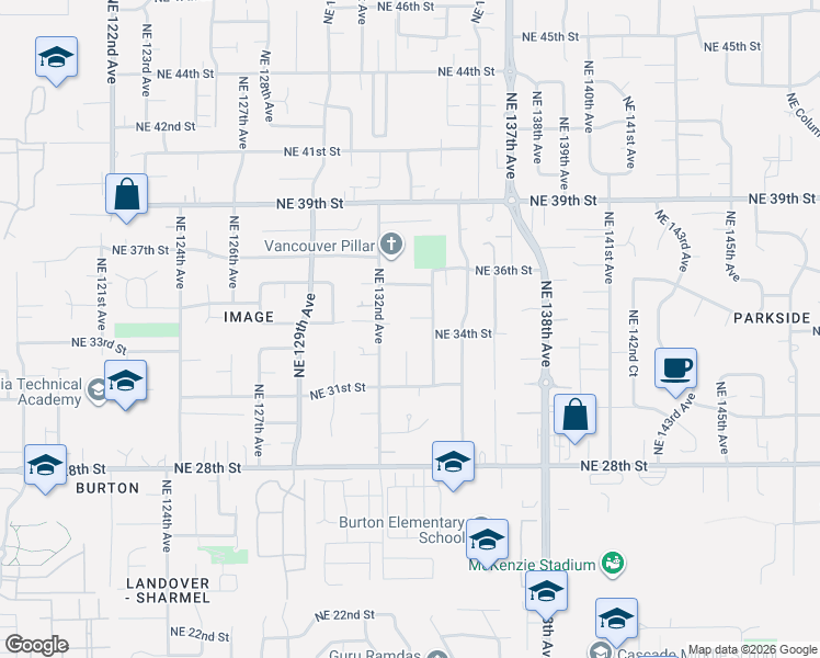 map of restaurants, bars, coffee shops, grocery stores, and more near 13307 Northeast 34th Circle in Vancouver
