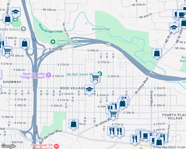 map of restaurants, bars, coffee shops, grocery stores, and more near 3504 S Street in Vancouver