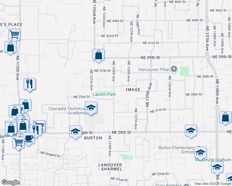 map of restaurants, bars, coffee shops, grocery stores, and more near 12425 Northeast 35th Street in Vancouver