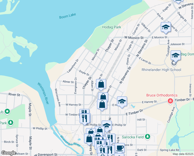 map of restaurants, bars, coffee shops, grocery stores, and more near 647 Mason Street in Rhinelander
