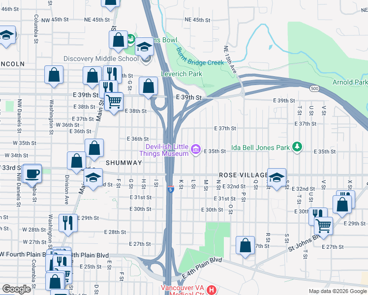 map of restaurants, bars, coffee shops, grocery stores, and more near 3501 K Street in Vancouver
