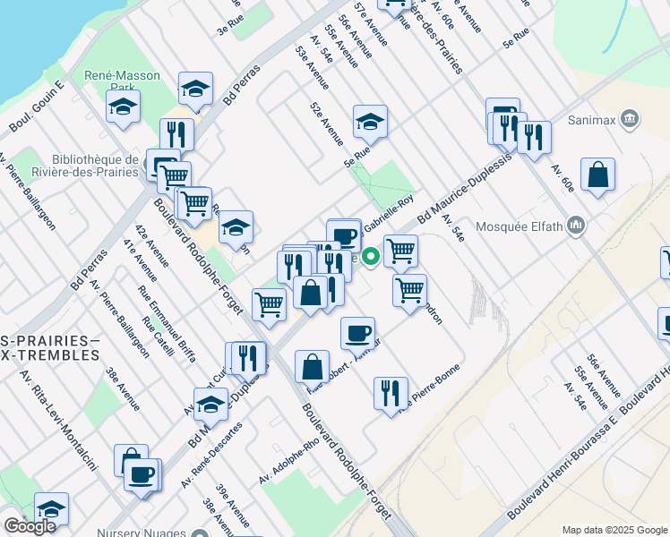 map of restaurants, bars, coffee shops, grocery stores, and more near 9179 Boulevard Maurice-Duplessis in Montréal