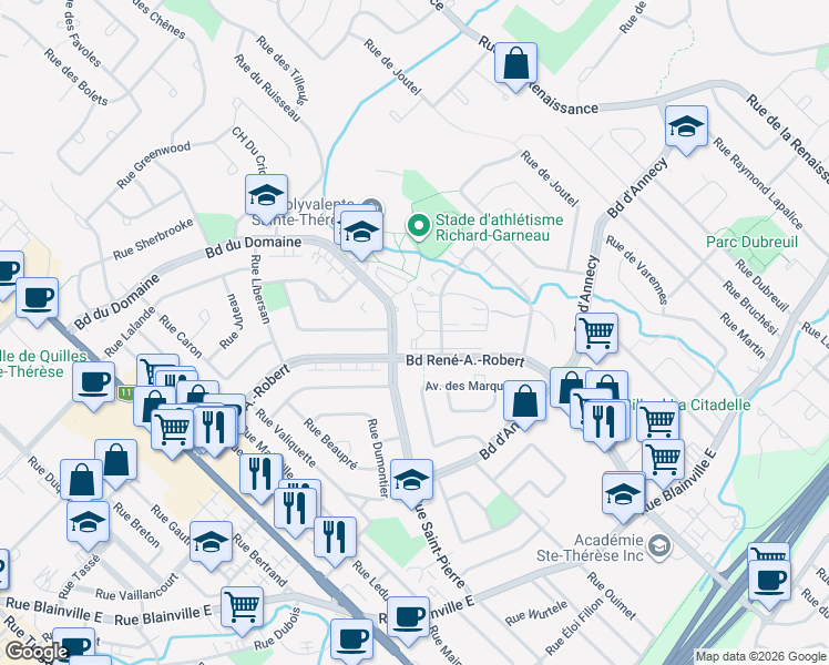 map of restaurants, bars, coffee shops, grocery stores, and more near 160 Place Chevigny in Sainte-Thérèse