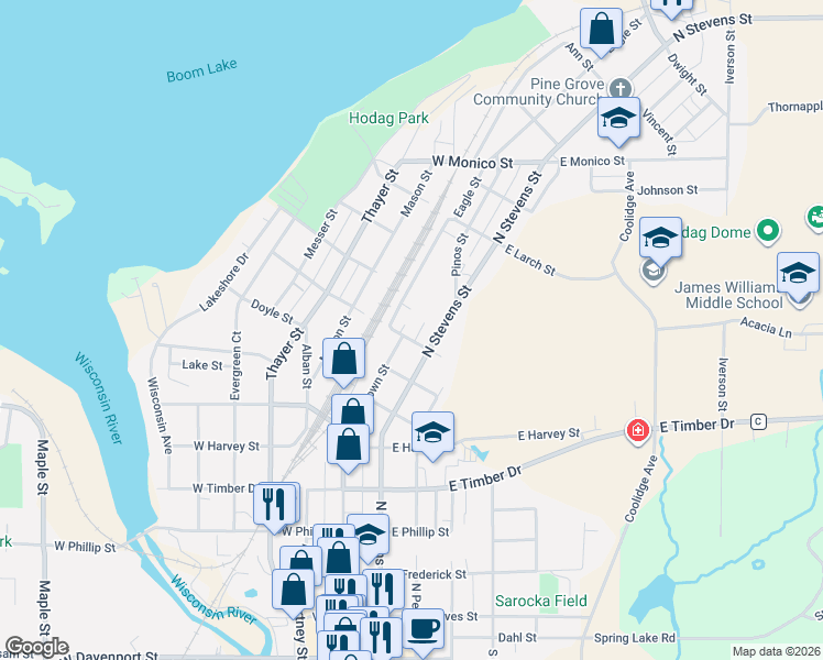 map of restaurants, bars, coffee shops, grocery stores, and more near 727 North Brown Street in Rhinelander