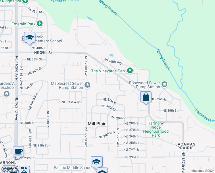 map of restaurants, bars, coffee shops, grocery stores, and more near 17505 Northeast 34th Street in Vancouver