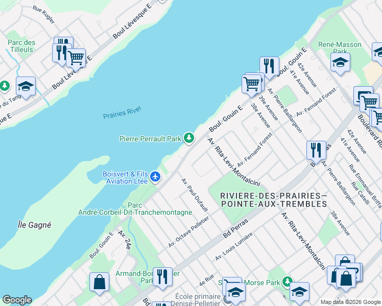 map of restaurants, bars, coffee shops, grocery stores, and more near 8450 Boulevard Gouin Est in Montréal