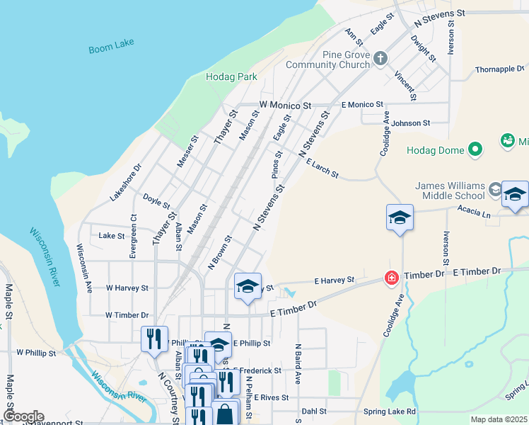 map of restaurants, bars, coffee shops, grocery stores, and more near 845 North Stevens Street in Rhinelander