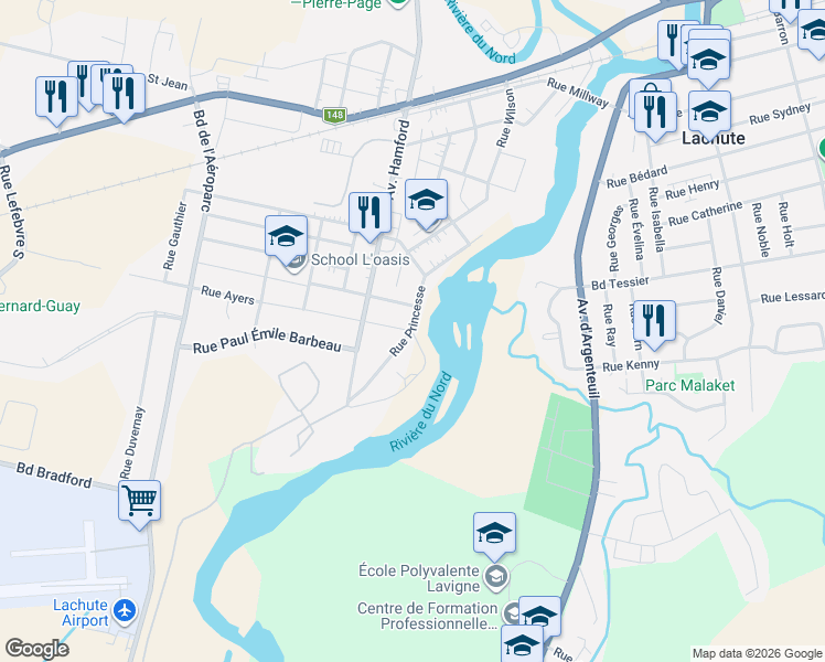 map of restaurants, bars, coffee shops, grocery stores, and more near 2 Rue Queen in Lachute