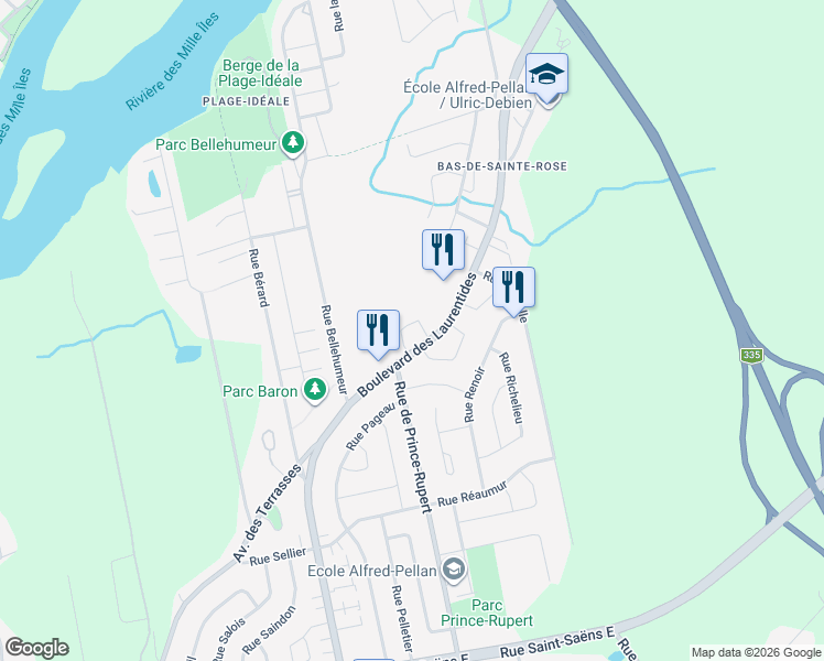map of restaurants, bars, coffee shops, grocery stores, and more near 7358 Boulevard des Laurentides in Laval