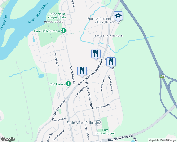 map of restaurants, bars, coffee shops, grocery stores, and more near 7334 Boulevard des Laurentides in Laval