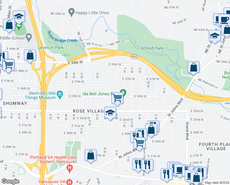 map of restaurants, bars, coffee shops, grocery stores, and more near 3506 S Street in Vancouver