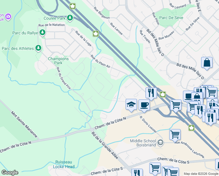 map of restaurants, bars, coffee shops, grocery stores, and more near 7176 Rue Marie-Desjardins in Boisbriand
