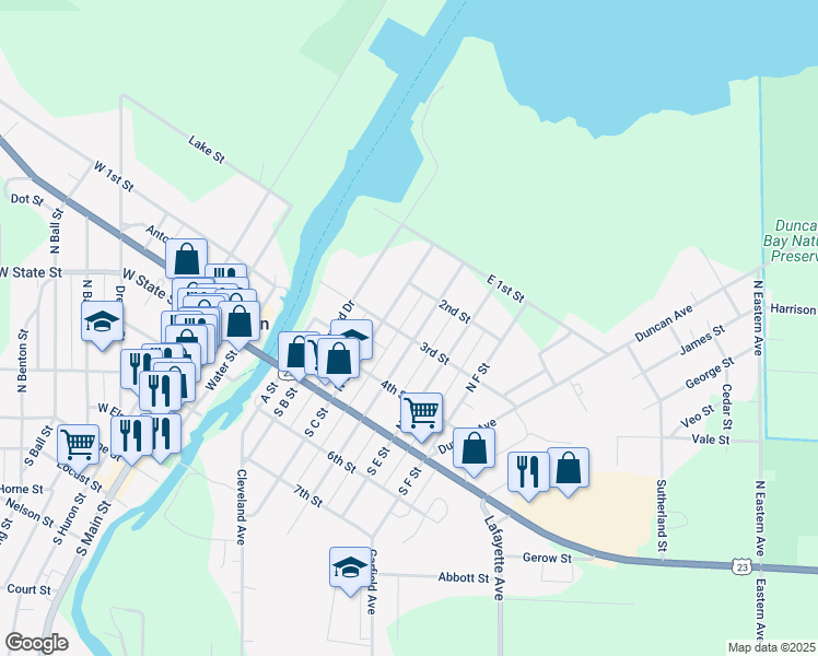 map of restaurants, bars, coffee shops, grocery stores, and more near 301 North D Street in Cheboygan