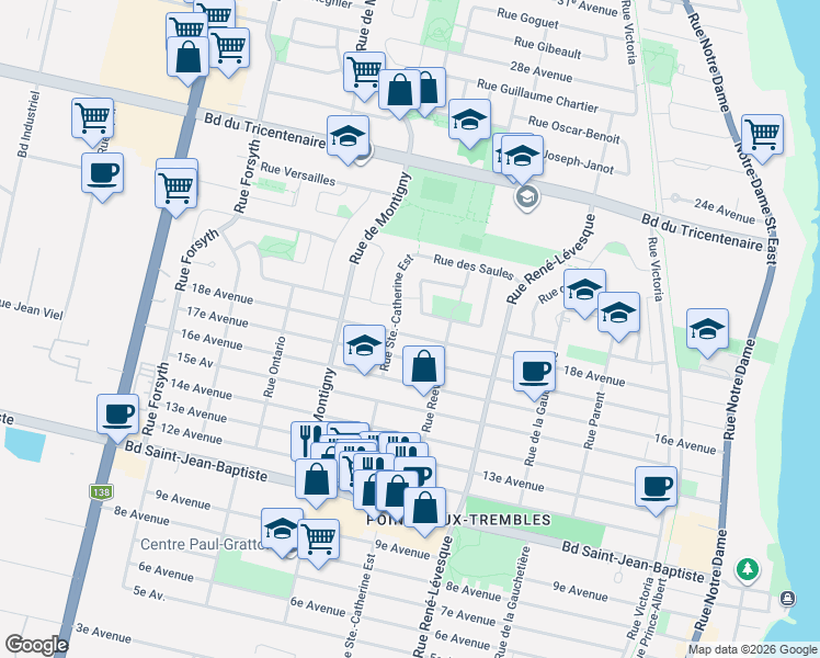 map of restaurants, bars, coffee shops, grocery stores, and more near 1415 18e Avenue in Montréal