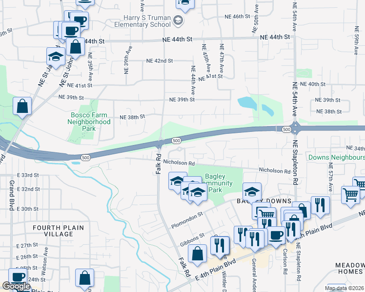 map of restaurants, bars, coffee shops, grocery stores, and more near 4230 Northeast 34th Way in Vancouver
