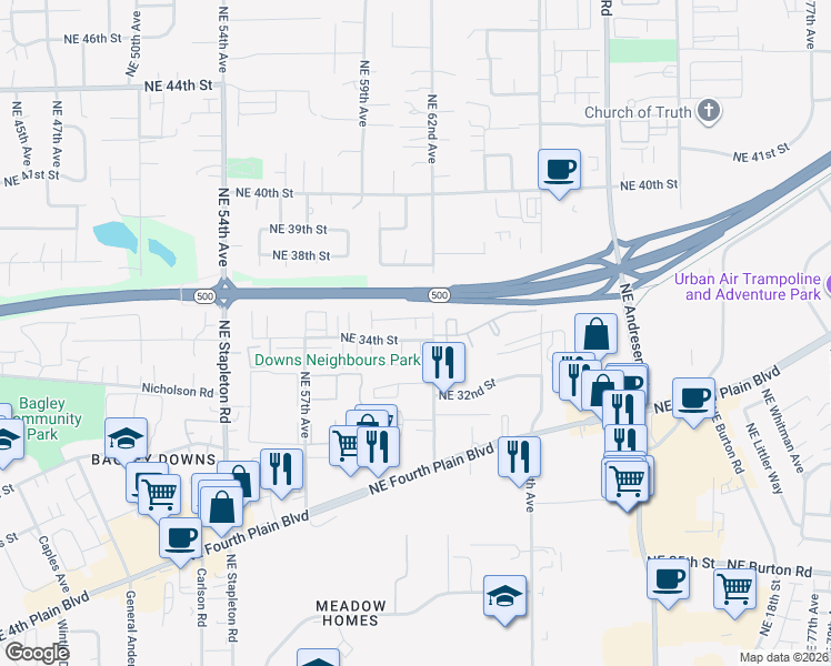map of restaurants, bars, coffee shops, grocery stores, and more near 6003 Northeast 34th Street in Vancouver