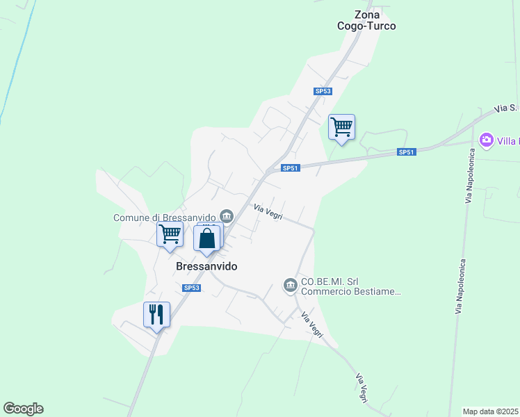 map of restaurants, bars, coffee shops, grocery stores, and more near 10 Via Vegri in Bressanvido
