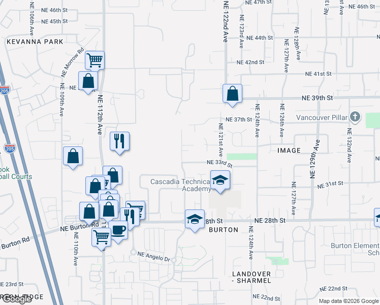 map of restaurants, bars, coffee shops, grocery stores, and more near 11912 Northeast 33rd Street in Vancouver