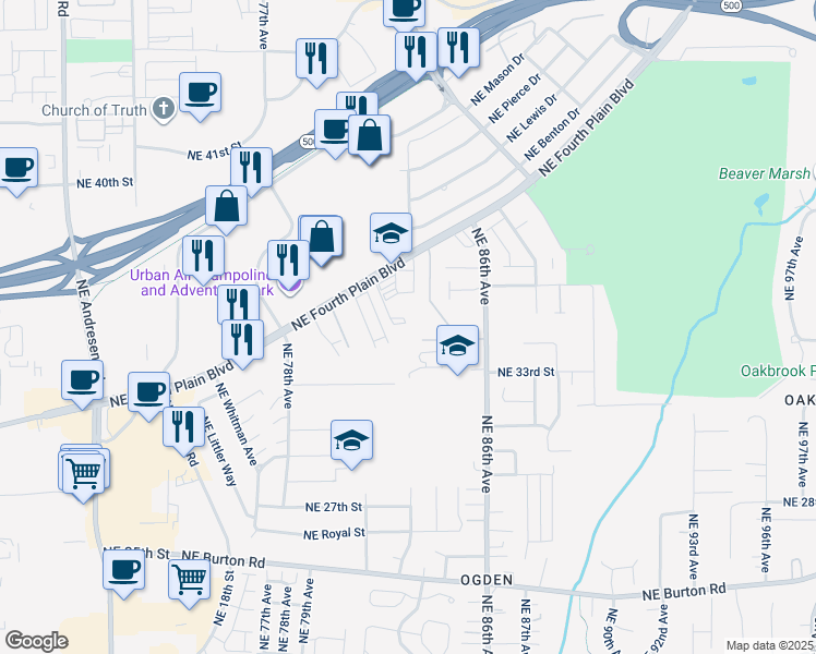 map of restaurants, bars, coffee shops, grocery stores, and more near 8105 Northeast Fourth Plain Boulevard in Vancouver