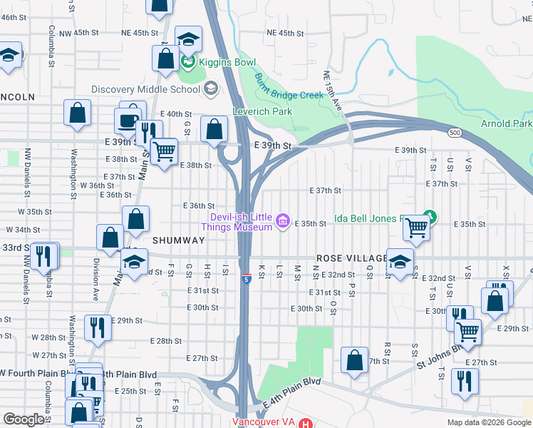 map of restaurants, bars, coffee shops, grocery stores, and more near 3501 K Street in Vancouver