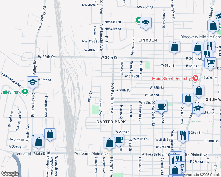 map of restaurants, bars, coffee shops, grocery stores, and more near 3415 Kauffman Avenue in Vancouver