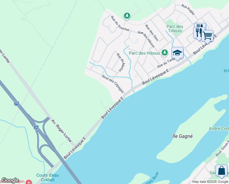 map of restaurants, bars, coffee shops, grocery stores, and more near 250 Boulevard des Cépages in Laval