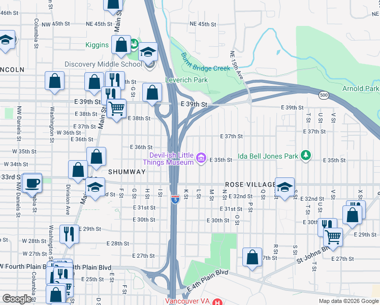 map of restaurants, bars, coffee shops, grocery stores, and more near 3501 K Street in Vancouver
