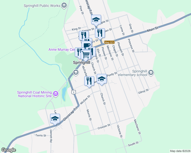 map of restaurants, bars, coffee shops, grocery stores, and more near 59 Church Street in Springhill