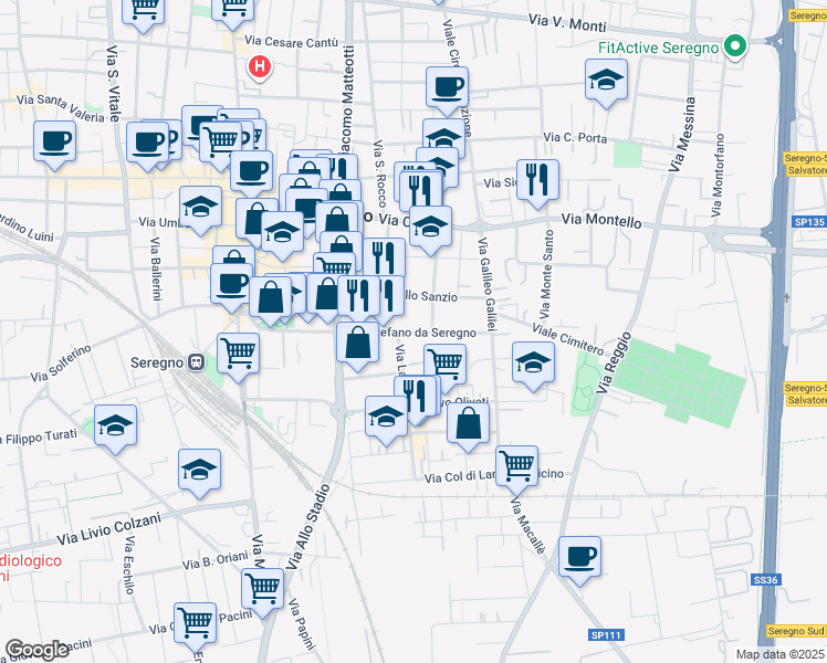 map of restaurants, bars, coffee shops, grocery stores, and more near 61 Via Stefano da Seregno in Seregno