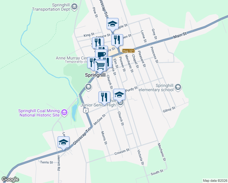 map of restaurants, bars, coffee shops, grocery stores, and more near 54 Church Street in Springhill