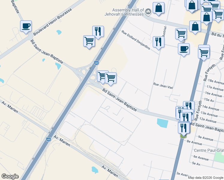 map of restaurants, bars, coffee shops, grocery stores, and more near 5081 Boulevard Saint-Jean-Baptiste in Montréal