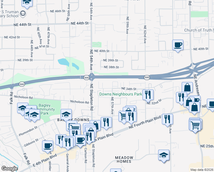 map of restaurants, bars, coffee shops, grocery stores, and more near 3340 Northeast 57th Avenue in Vancouver
