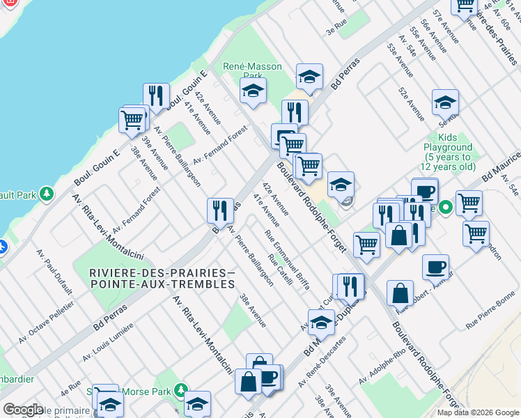 map of restaurants, bars, coffee shops, grocery stores, and more near 12390 41e Avenue in Montréal