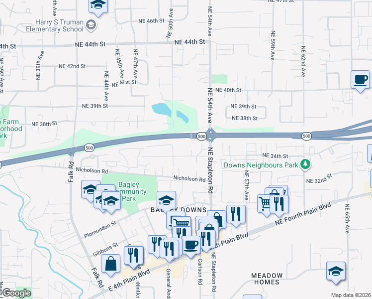 map of restaurants, bars, coffee shops, grocery stores, and more near 5105 Northeast 34th Street in Vancouver