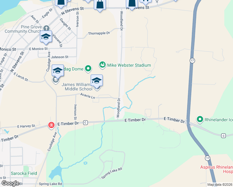 map of restaurants, bars, coffee shops, grocery stores, and more near 861 Woodland Drive in Rhinelander