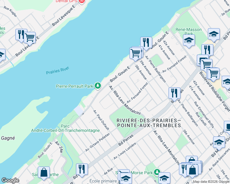 map of restaurants, bars, coffee shops, grocery stores, and more near 12740 Avenue Rita-Levi-Montalcini in Montréal