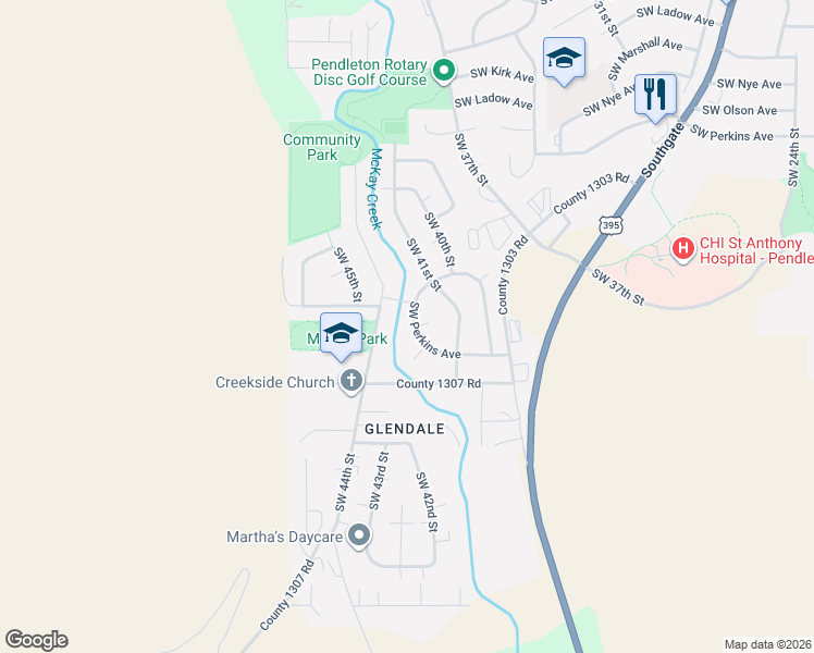 map of restaurants, bars, coffee shops, grocery stores, and more near 4150 Southwest Perkins Court in Pendleton