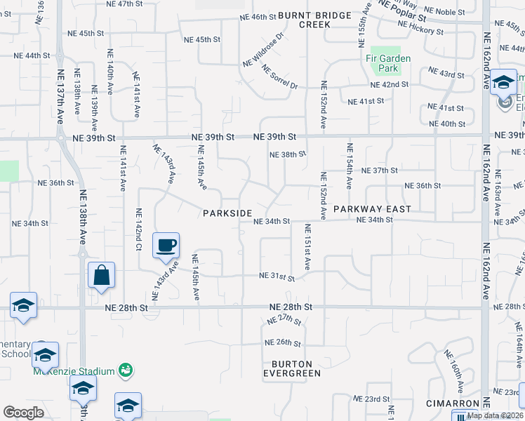 map of restaurants, bars, coffee shops, grocery stores, and more near 14805 Northeast 34th Street in Vancouver