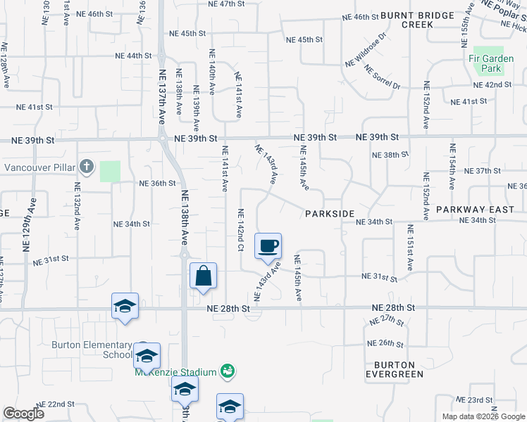 map of restaurants, bars, coffee shops, grocery stores, and more near 3311 Northeast 143rd Avenue in Vancouver