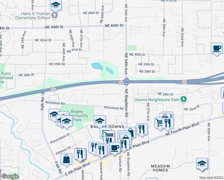 map of restaurants, bars, coffee shops, grocery stores, and more near 5105 Northeast 34th Street in Vancouver