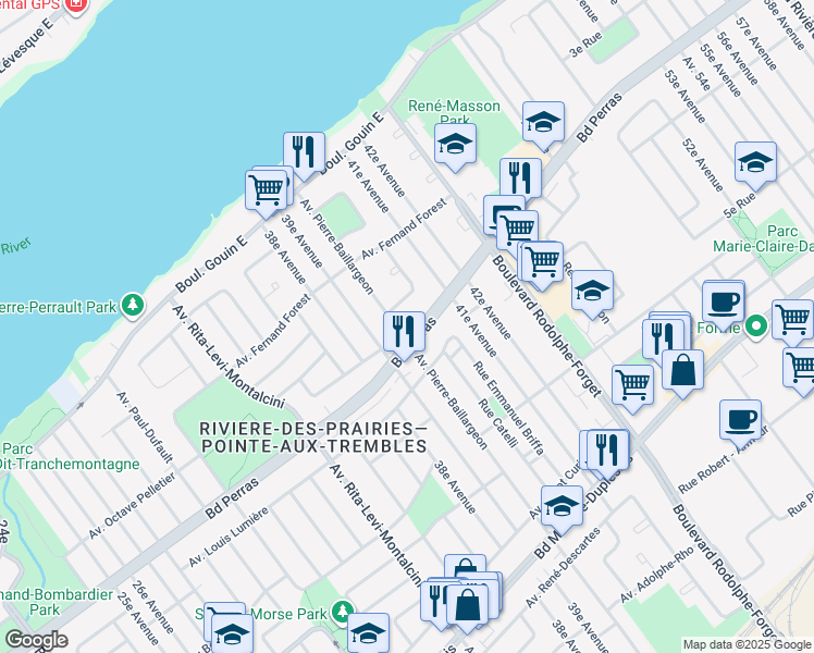 map of restaurants, bars, coffee shops, grocery stores, and more near 8855 Boulevard Perras in Montréal