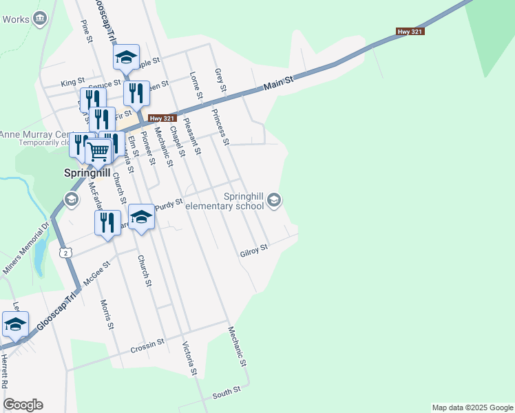 map of restaurants, bars, coffee shops, grocery stores, and more near 46 Princess Street in Springhill