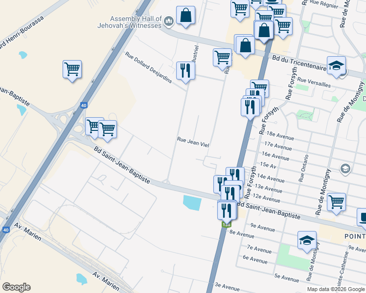 map of restaurants, bars, coffee shops, grocery stores, and more near 12180 Boulevard Industriel in Montréal